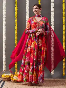 FASHOR Floral Printed Fit & Flare Maxi Silk Dress with Dupatta