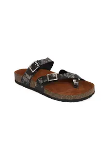 MOZAFIA Printed Two Strap Open Toe Flats With Buckle Detail