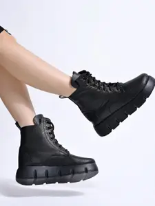 Shoetopia Women Mid Top Textured Flatform-Heeled Chunky Boots