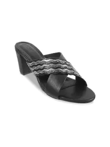 Mochi Black Textured Block Sandals