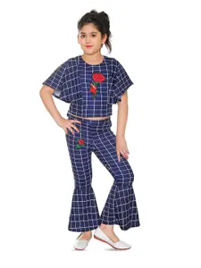 BAESD Girls Checked Flared Sleeves Crop Top With Trousers