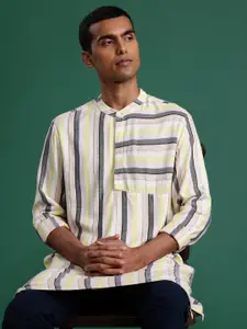 Sangria Striped Band Collar Straight Kurta