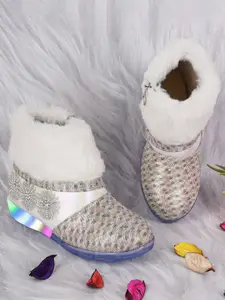 BAESD Girls Embellished Faux Fur Flatform Heel Winter Boots With LED Lights
