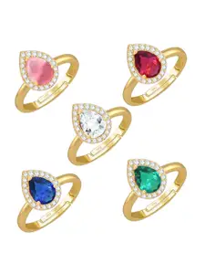 Vighnaharta Set Of 5 Gold-Plated CZ-Studded Finger Ring