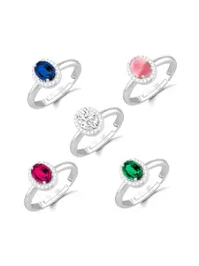 Vighnaharta Set Of 5 Rhodium-Plated CZ-Studded Finger Rings
