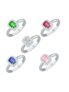 Vighnaharta Set Of 5 Rhodium-Plated Cubic Zirconia Studded Finger Rings