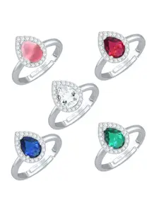 Vighnaharta Set Of 5 Rhodium-Plated Cubic Zirconia Studded Finger Rings