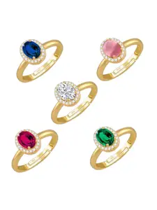 Vighnaharta Set Of 5 Gold-Plated Cubic Zirconia Studded Finger Rings
