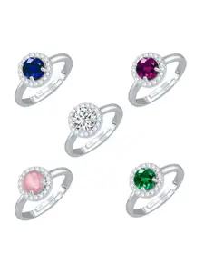 Vighnaharta Set Of 5 Rhodium-Plated CZ-Studded Finger Rings