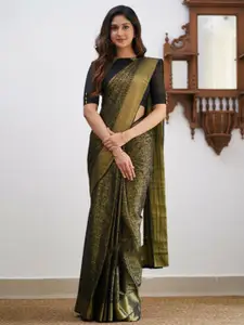 DIVASTRI Black Pure Silk Kanjeevaram Saree