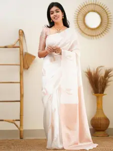 DIVASTRI White Pure Silk Kanjeevaram Saree