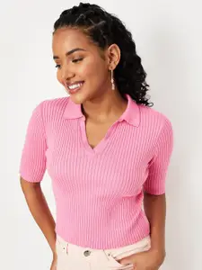 max Ribbed Shirt Collar Short Sleeves Fitted Crop Top