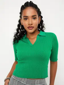 max Ribbed Shirt Collar Short Sleeves Fitted Crop Top