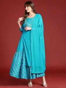 Anouk Ethnic Printed Yoke Embroidered Layered Kurta with Dupatta