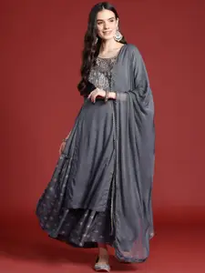 Anouk Ethnic Printed Yoke Embroidered Layered Kurta with Dupatta