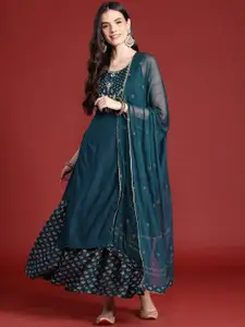 Anouk Ethnic Printed Yoke Embroidered Layered Kurta with Dupatta