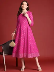 Anouk Tie-Up Tassels Detail Foil Print A-Line Midi Ethnic Dress