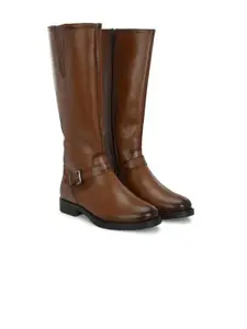 Delize Women High Top Knee Block-Heeled Regular Boots With Buckle Detail