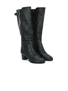 Delize Women High Top Vegan Leather Block-Heeled Knee Regular Boots With Buckle Detail