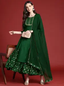 Anouk Ethnic Printed Yoke Embroidered Layered Kurta with Dupatta