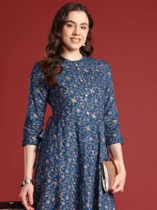 Anouk Tie-Up Tassels Detail Foil Print A-Line Midi Ethnic Dress