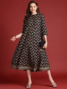 Anouk Tie-Up Tassels Detail Foil Print A-Line Midi Ethnic Dress