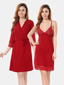 Be You Net Above Knee Length Nightdress With Robe