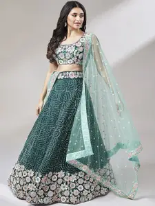 panchhi Teal & Embroidered Sequinned Semi-Stitched Lehenga & Unstitched Blouse With Dupatta