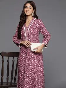 Varanga Floral Jaipuri Printed V-Neck Cotton Straight Kurta