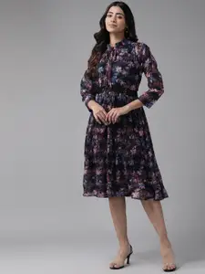Aarika Floral Print Tie-Up Neck Georgette A-Line Midi Dress