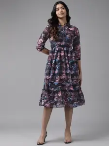 Aarika Floral Print Tie-Up Neck Georgette A-Line Midi Dress