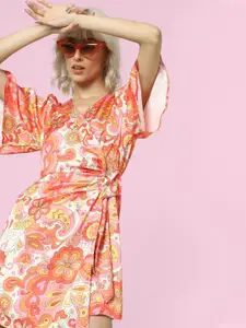 ONLY Floral Printed V-Neck Flared Sleeves Wrap Dress
