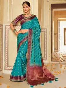 Saree mall Blue Ethnic Motifs Zari Silk Blend Designer Banarasi Sarees