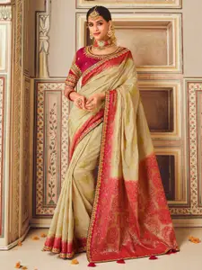 Saree mall Cream-Coloured Ethnic Motifs Zari Silk Blend Designer Banarasi Sarees