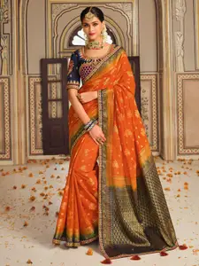 Saree mall Orange Ethnic Motifs Zari Silk Blend Designer Banarasi Sarees