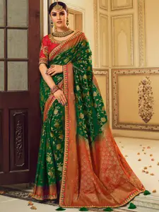 Saree mall Green Ethnic Motifs Zari Silk Blend Designer Banarasi Sarees