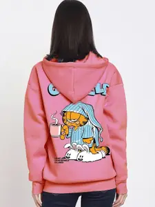 Bewakoof Pink Garfield Printed Hooded Long Sleeves Oversized Pullover Sweatshirt