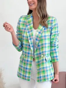 StyleCast Blue Checked Notched Lapel Collar Single-Breasted Blazer