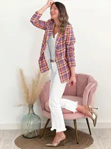 StyleCast Fuchsia Checked Notched Lapel Collar Single-Breasted Blazer