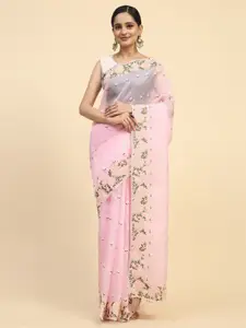 Vastrasky Global Pink Embellished Embroidered Satin Saree