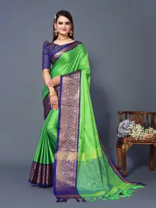 DWINI Green & Blue Woven Design Zari Silk Cotton Dharmavaram Saree