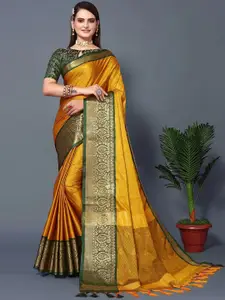 DWINI Mustard & Green Woven Design Zari Silk Cotton Dharmavaram Saree