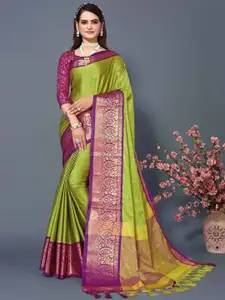 DWINI Olive Green Woven Design Zari Silk Cotton Dharmavaram Saree