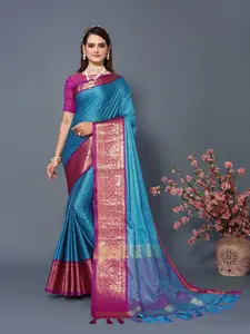 DWINI Blue & Pink Woven Design Zari Silk Cotton Dharmavaram Saree