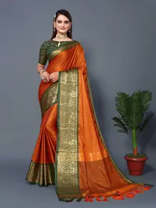 DWINI Orange & Green Woven Design Zari Silk Cotton Dharmavaram Saree