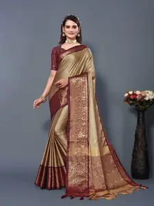DWINI Beige & Brown Woven Design Zari Silk Cotton Dharmavaram Saree