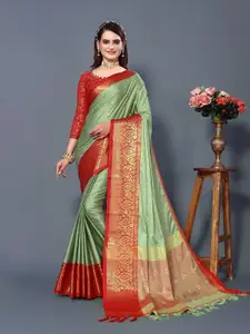 DWINI Sea Green & Red Woven Design Zari Silk Cotton Dharmavaram Saree