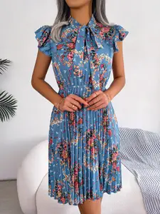 StyleCast Blue Floral Print Tie-Up Neck Flared Sleeve Fit & Flare Dress