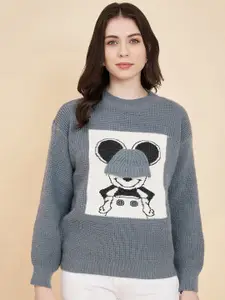 BROOWL Women Grey Humour and Comic Printed Woollen Pullover