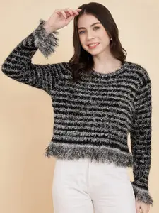 BROOWL Women Black Striped Woollen Pullover